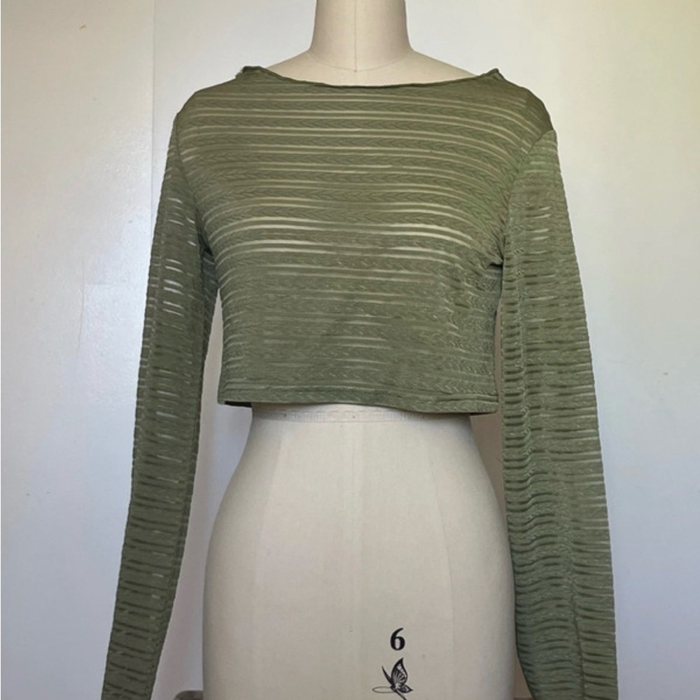 Olive Sheer-Striped Long Sleeve Crop Top